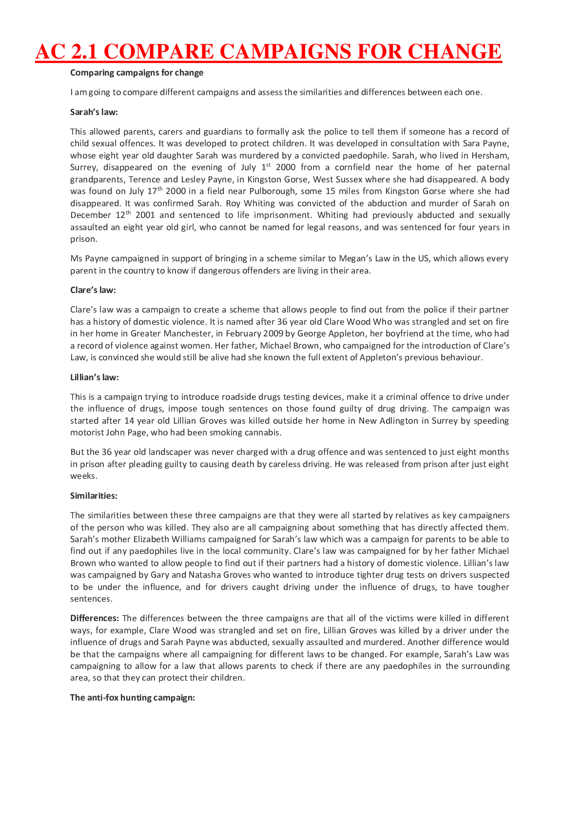 AC 2.1 COMPARE CAMPAIGNS FOR CHANGE FOR SARAH'S LAW, CHALRES LAW